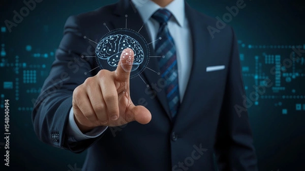 Fototapeta Businessman hand pointing data of brain digital. Artificial intelligence technology. Machine Learning business concept.