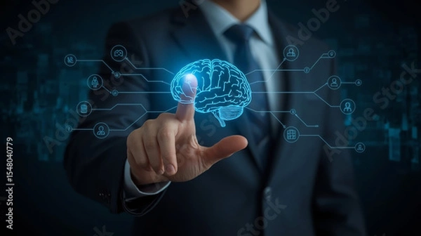 Fototapeta Businessman hand pointing data of brain digital. Artificial intelligence technology. Machine Learning business concept.