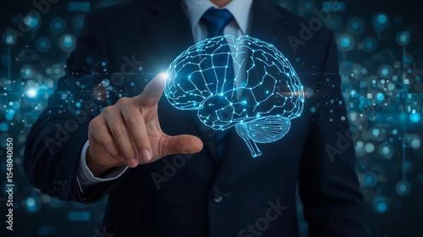 Fototapeta Businessman hand pointing data of brain digital. Artificial intelligence technology. Machine Learning business concept.