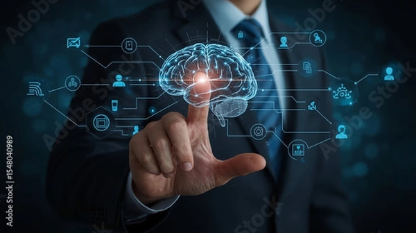 Fototapeta Businessman hand pointing data of brain digital. Artificial intelligence technology. Machine Learning business concept.