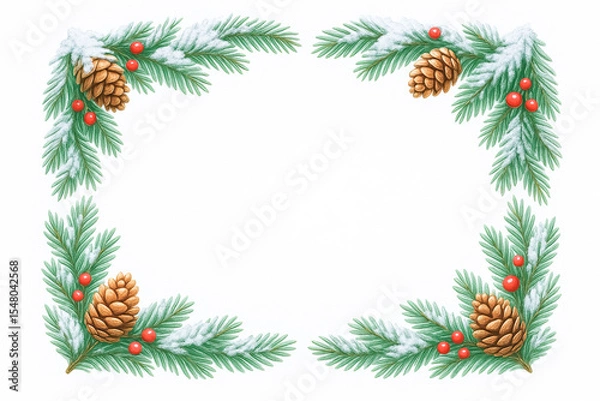 Fototapeta Rectangular Border of Snowy Pine Branches with Pine Cones and Red Berries
