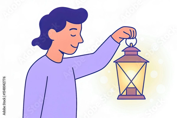 Fototapeta Illustrated person holding glowing lantern on solid white background with soft bokeh