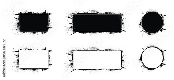 Fototapeta Grunge Ink Frames Set, Black and White Circular and Rectangular Text Boxes with Splash Borders.