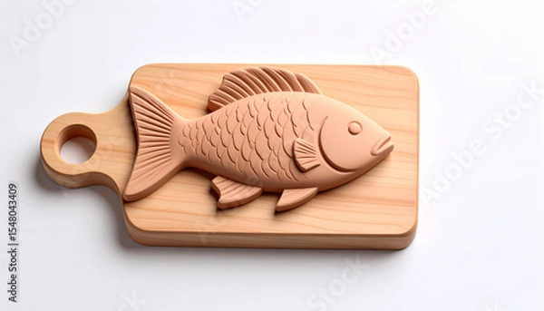Fototapeta Clay Icon of Fish on Chopping Board Handmade Style Rustic Kitchen Cooking Symbol