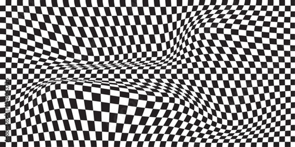 Fototapeta  black and white wavy checkerboard background. Retro psychedelic checkered wallpaper. Wavy groovy chessboard surface. Distorted geometric pattern. Trendy modern. eps 10