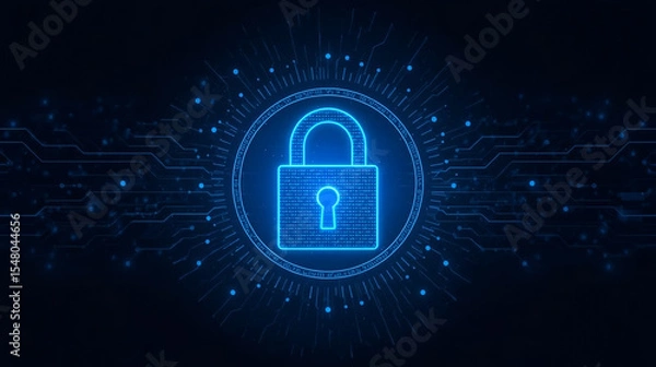 Fototapeta Glowing padlock icon on blue background. Digital data protection. Cyber ​​data (Information Privacy).