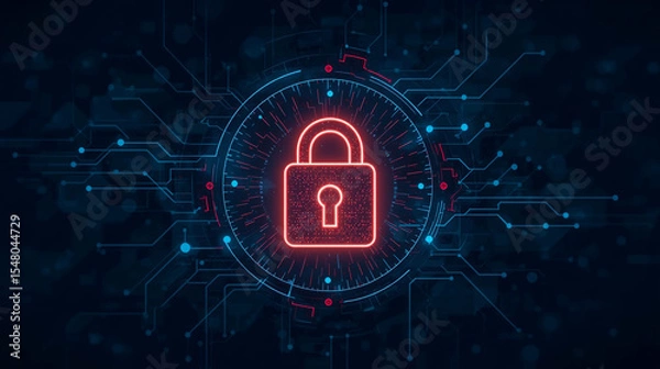 Fototapeta Glowing padlock icon on blue background. Digital data protection. Cyber ​​data (Information Privacy).