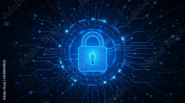 Fototapeta Glowing padlock icon on blue background. Digital data protection. Cyber ​​data (Information Privacy).