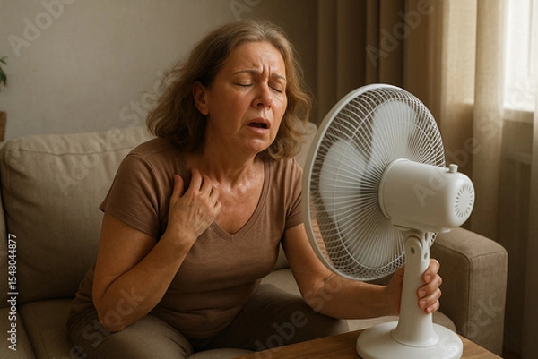 Obraz Middle-aged woman cooling down with fan at home on a hot day