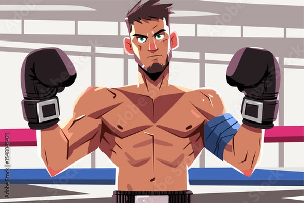 Fototapeta Vector illustration of a strong male boxer with gloves, posing confidently in the ring. Athletic cartoon character with a determined expression. Sports and fitness concept.