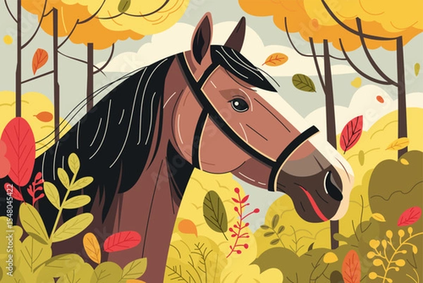 Fototapeta Vector illustration of a brown horse with black mane in an autumn forest. Colorful foliage, trees, and vibrant seasonal leaves create a warm, natural animal scene.