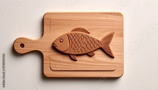 Fototapeta Clay Icon of Fish on Chopping Board Handmade Style Rustic Kitchen Cooking Symbol
