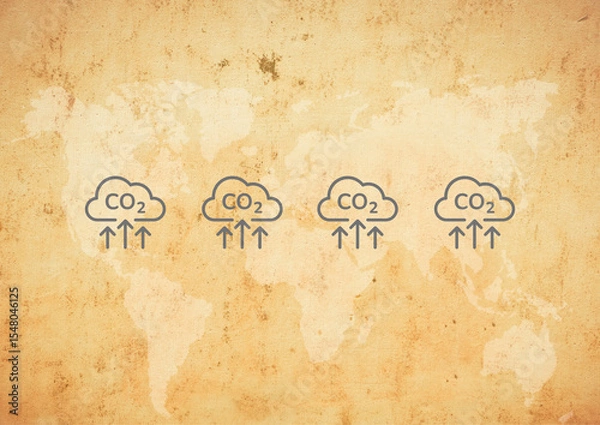 Obraz Illustration of CO2 increased on vintage map of the world on aged grunge paper