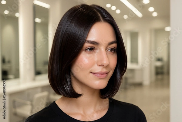 Obraz Portrait of a woman with a sleek bob hairstyle, set in a contemporary salon environment. the bright, minimalist decor features mirrors and styling chairs