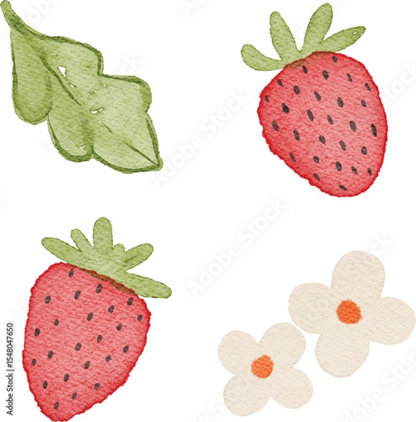 Fototapeta Watercolor Illustration of red strawberry fruits pattern