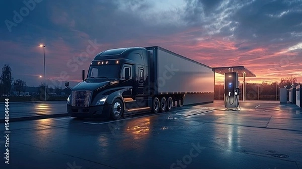 Obraz Electric semi-truck charging at a solar-powered station
