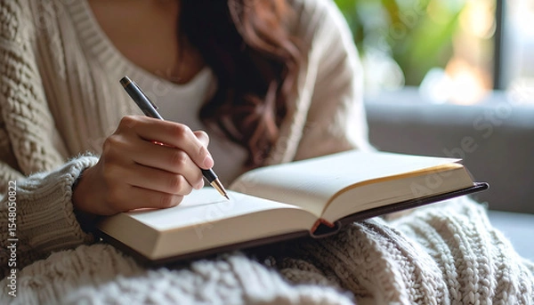 Fototapeta Serene Journaling Moment: A person sits comfortably, absorbed in the act of journaling, the pen gliding across the open pages of a notebook. the natural light enhances the intimate scene.