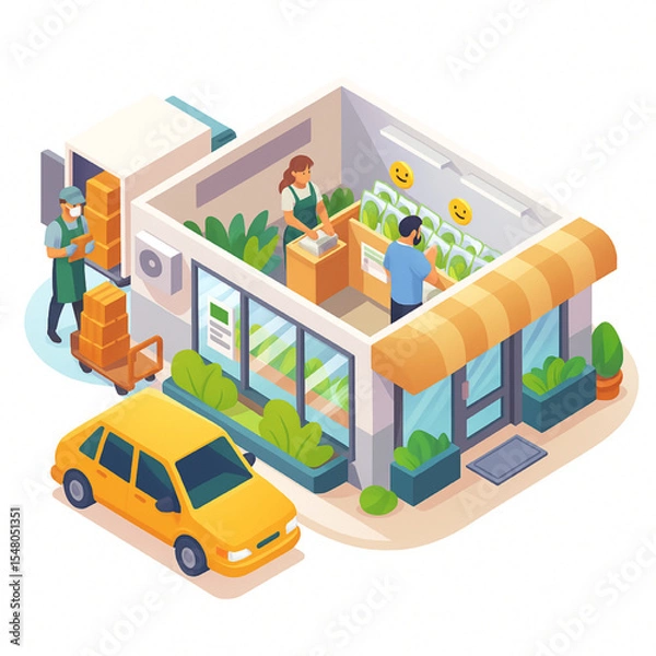 Obraz Fresh Produce Grocery Store Delivery Service Isometric Illustration Showing Customer Shopping and Delivery Driver Unloading Boxes
