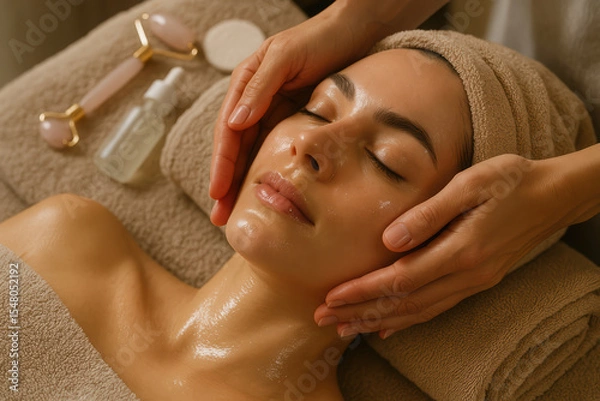 Obraz Relaxing spa facial treatment with essential oils and rose quartz roller