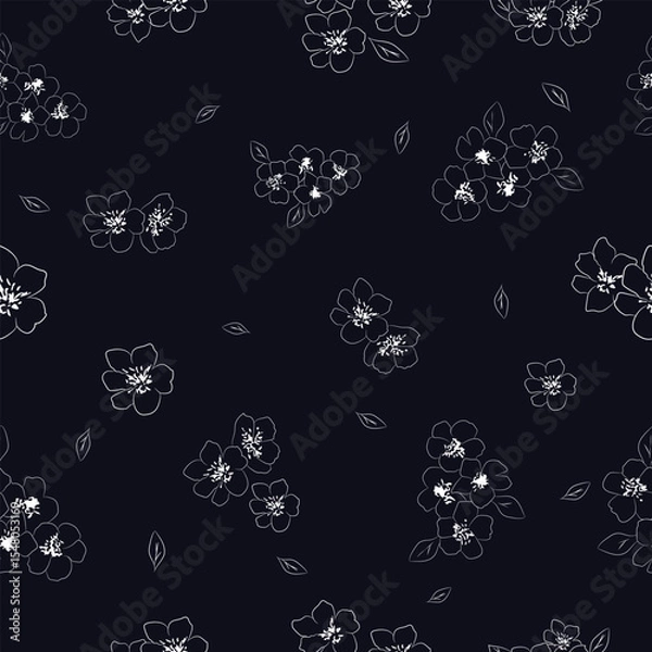 Fototapeta Minimal seamless floral pattern with white outline flowers and leaves on navy blue background for modern fabric ,digital surface print and wallpaper.