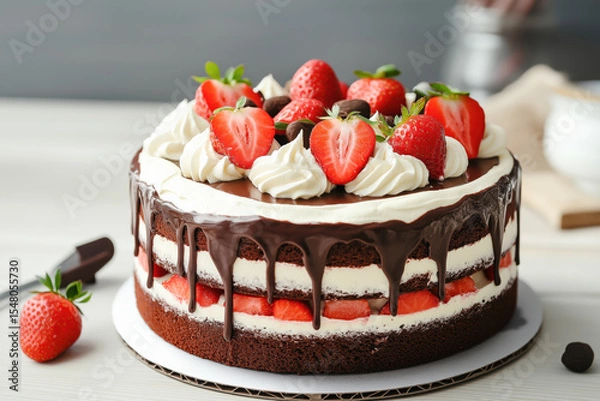 Obraz Chocolate and cream cake topped with strawberries and chocolate drizzle