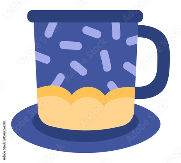 Obraz Blue decorated mug featuring yellow accents and a matching handle, resting gracefully on a saucer, set against a clean white background, perfect for enjoying warm beverages