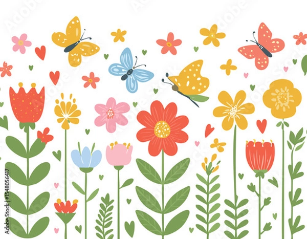 Obraz Springtime cute seamless pattern with hand drawn beautiful flowers, wildflower, strawberry, butterfly, leaves and herb. Floral summer background. Vintage romantic print.abstract, art, illustration, 