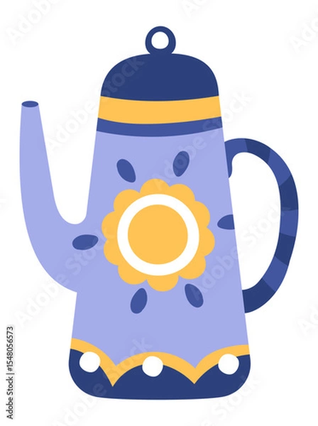 Obraz Whimsical purple coffee pot featuring a cheerful yellow flower design and a striped handle waiting to brew delicious beverages, adding charm to any kitchen or cafe setting