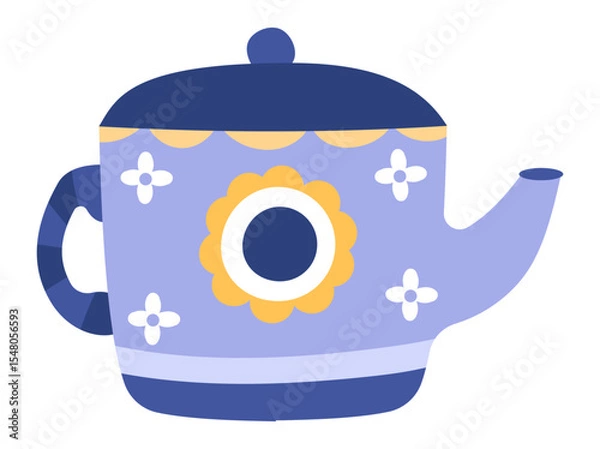 Obraz Purple teapot adorned with yellow and white flowers, featuring a navy blue lid and handle, set against a white background, perfect for food or cooking projects