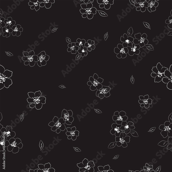 Fototapeta Minimal seamless floral pattern with white outline flowers and leaves on black background for modern fabric ,digital surface print and wallpaper.