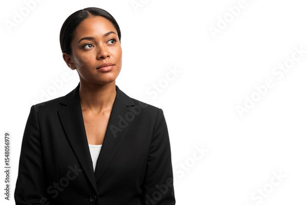 Fototapeta Thoughtful African American businesswoman looking up with a serious expression, finding solution or problem-solving. Isolated on transparent background