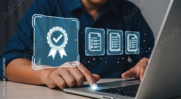 Fototapeta Person Working on Laptop at Night, Digital Documents and Security Certification Icon on Screen -  Cybersecurity, Data Protection Concept