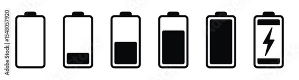 Fototapeta Battery level icon set. Charge status sign collection with empty, low, medium, full and charging symbol. Battery level indicator for app and UI. Transparent PNG and vector illustration.