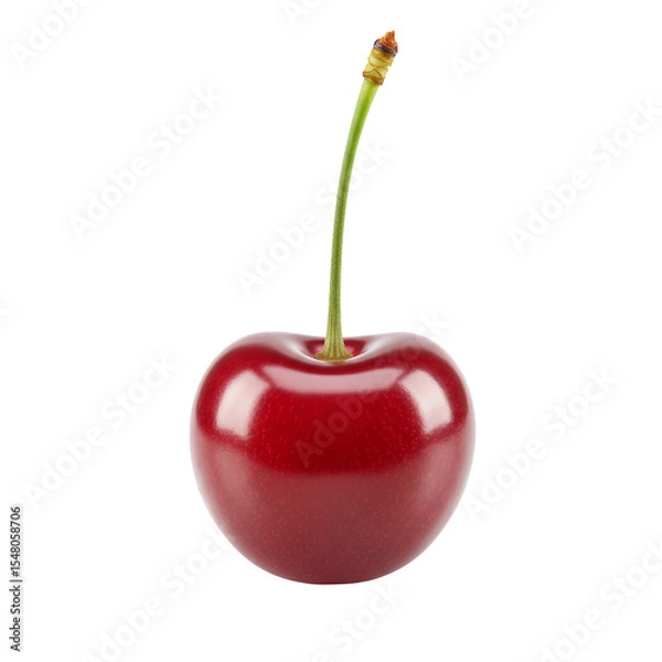 Fototapeta Single Ripe Red Cherry with Green Stem on Transparent Background