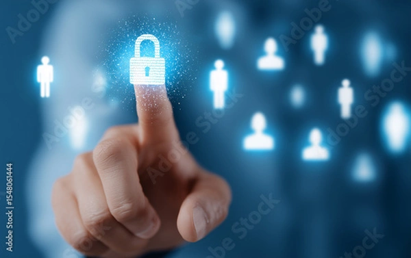 Fototapeta A glowing blue padlock icon, touched by a human finger, symbolizes data security and digital protection for sensitive information and personal privacy within a network of user icons.
