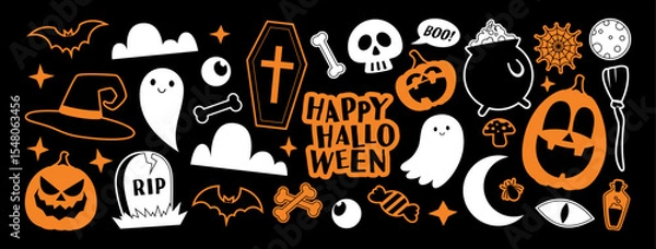 Obraz Set of stickers for Halloween design. Vector illustration with adhesive film with Halloween symbols in y2k style for decoration banner, poster, social media, web. Retro stickers.