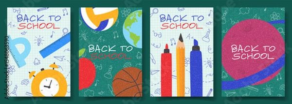 Obraz Set of posters for back to school design. Vector cards with hand-drawn school items and doodles. Flyers concepts for Back to school decoration, social media, ads, sale.