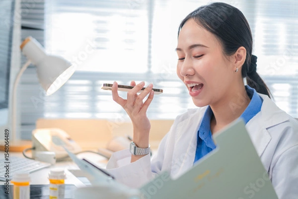 Fototapeta Portrait of an Asian female doctor using a smartphone in a hospital corridor, interacting with a virtual assistant or AI chatbot. She reviews health data via smart mirror technology, embracing future
