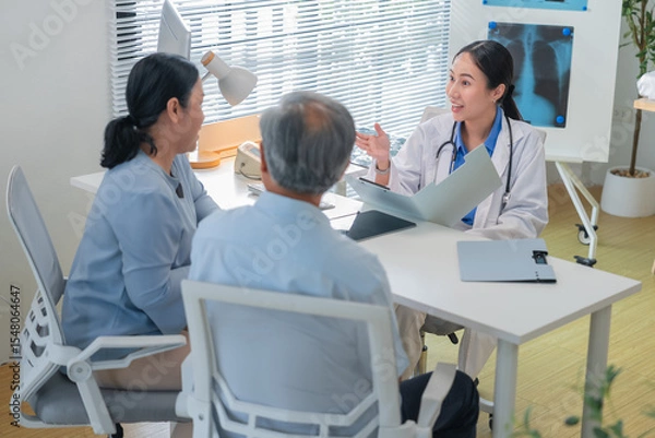 Fototapeta Asian doctor in uniform attentively assists a senior couple with medical paperwork in a hospital area, explaining health records and test results with care and professionalis senior health