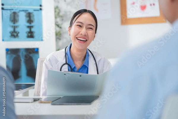 Fototapeta Asian doctor in uniform attentively assists a senior couple with medical paperwork in a hospital area, explaining health records and test results with care and professionalis senior health