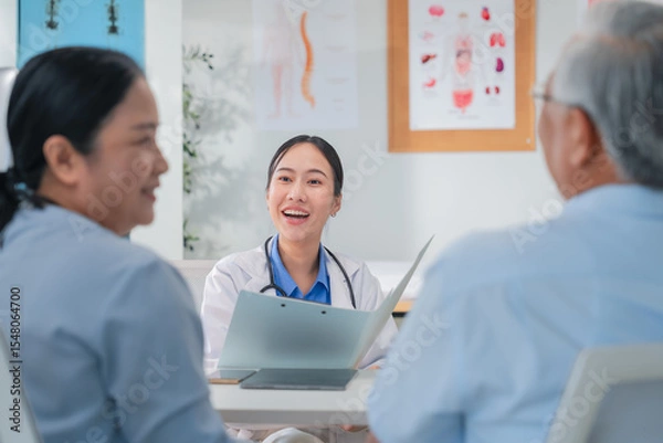 Fototapeta Asian doctor in uniform attentively assists a senior couple with medical paperwork in a hospital area, explaining health records and test results with care and professionalis senior health