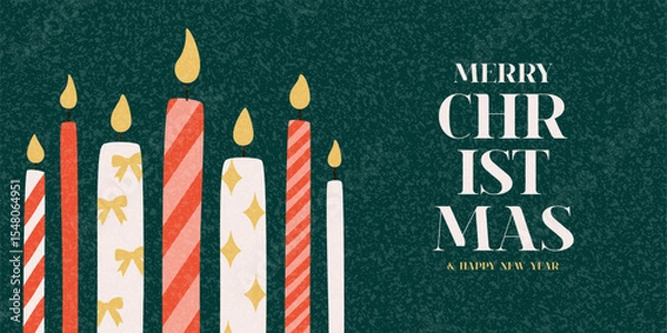 Obraz Merry Christmas and Happy New Year banner. Trendy vector illustration with Christmas candles and typography design. Contemporary minimalist New Year background for branding, card, cover, social media.
