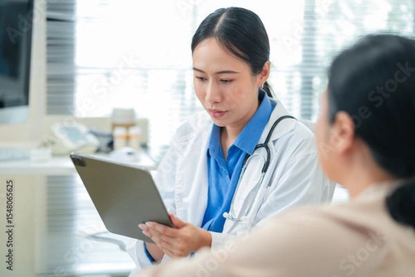 Fototapeta experienced female medical professional explains test results to a female patient during a clinic consultation. reviewing reports and discussing diagnosis and treatment options.compassionate care