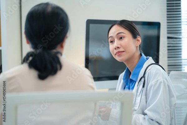 Fototapeta experienced female medical professional explains test results to a female patient during a clinic consultation. reviewing reports and discussing diagnosis and treatment options.compassionate care