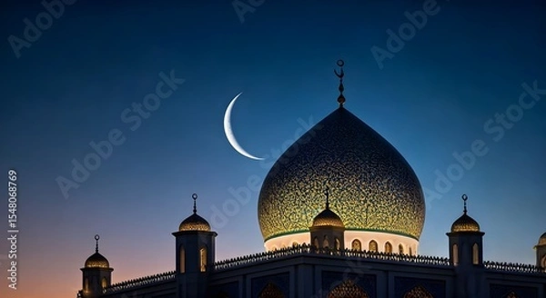 Fototapeta Islam Symbol, Mosques dome on dark blue Twilight Sky and Crescent moon on background, symbol Islamic religion and free space for text arabic, Ramadan, Eid al-Adha, Eid al-fitr, New year Muharram.