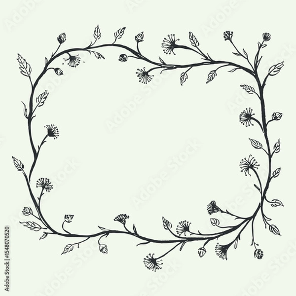 Fototapeta The frame is vegetal. Curly vine and dandelions. Frame by hand. Linear floral pattern. Pattern for book cover.