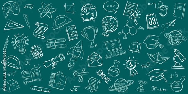 Fototapeta Elegant vector back to school frame designed with a classic green chalkboard background, bordered by a delightful collection of hand-drawn education doodle icons.