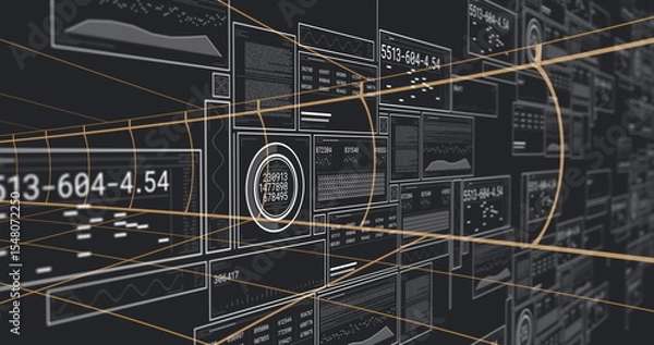 Obraz Showing data panels forming grid in virtual 3D control interface, with numeric displays, gold lines