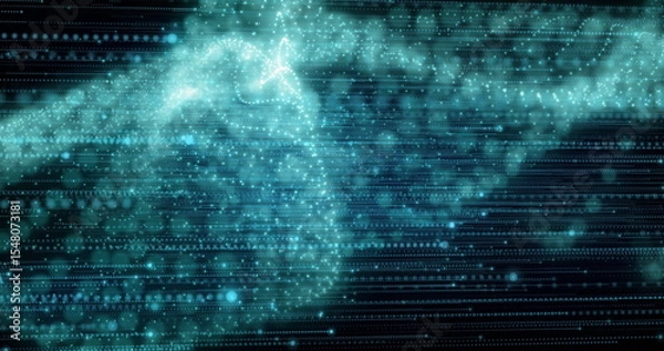 Fototapeta Flowing teal data points swirling with light particles in digital matrix with horizontal code lines