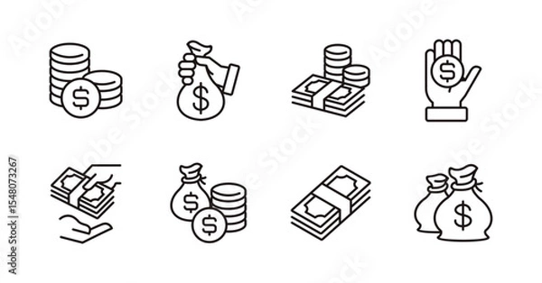 Fototapeta money dollar icon line set financial bank savings signs cash billfold dollar bag and coin stack symbol outline vector illustration